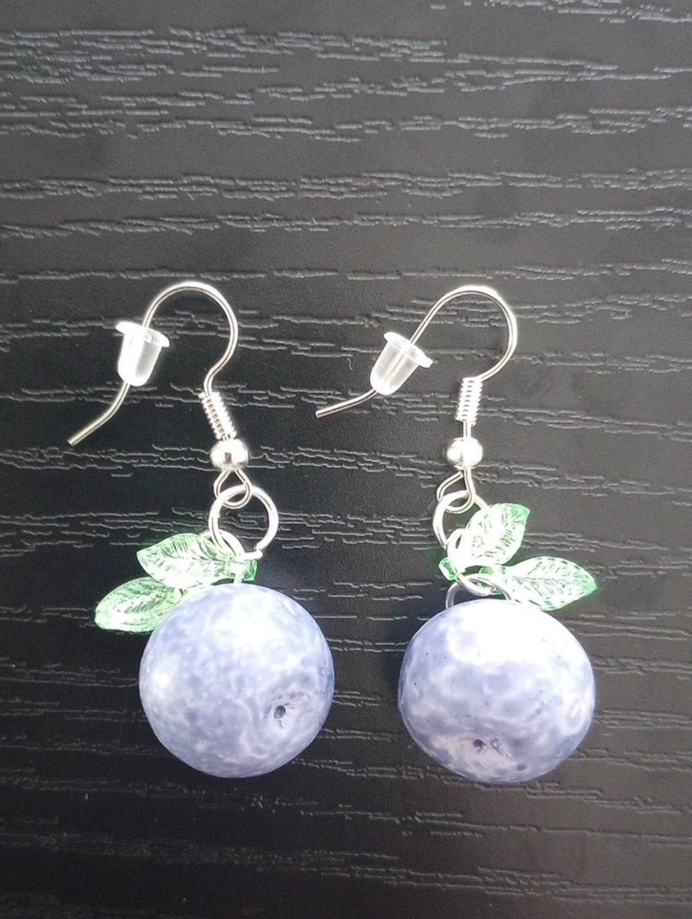 Blueberry Fruit Dangle Earrings with Green Leaf Accents